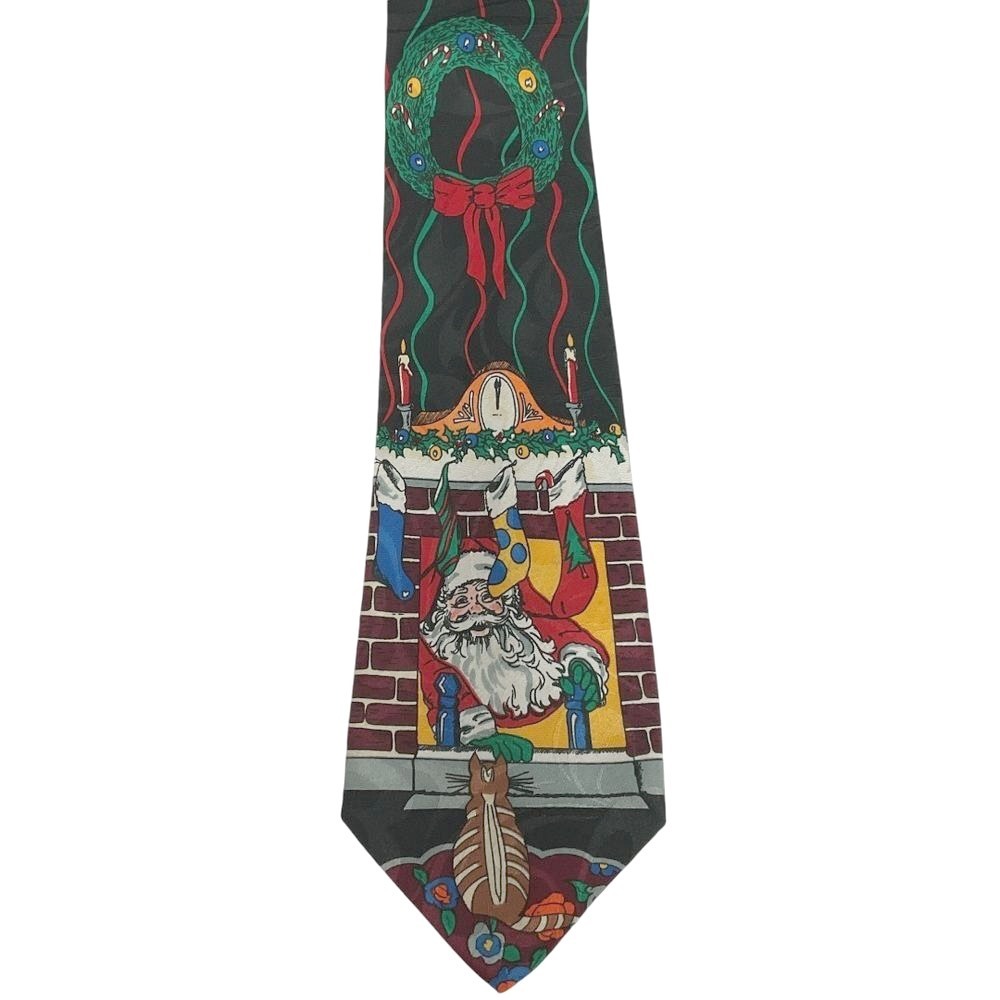 Vintage Company B Christmas Santa Claus Novelty‎ Necktie with Fireplace Holiday